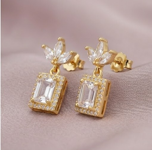 925 Sterling Silver Emerald Cut Halo Drop Earrings in Yellow Gold Finish Fine Women's Jewellery