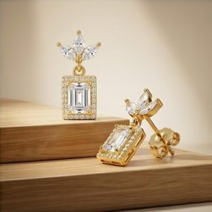 AGOR 925 Sterling Silver Emerald Cut Halo Drop Earrings in Yellow Gold Finish Fine Women's Jewellery
