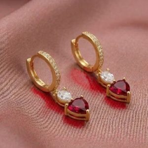 AGOR 925 Sterling Silver Red Heart Dangle Hoop Earrings in Yellow Gold Finish Fine Women's Jewellery