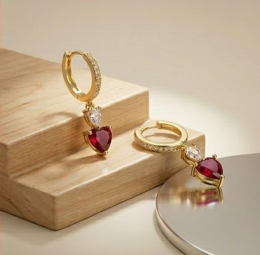 925 Sterling Silver Red Heart Dangle Hoop Earrings in Yellow Gold Finish Fine Women's Jewellery