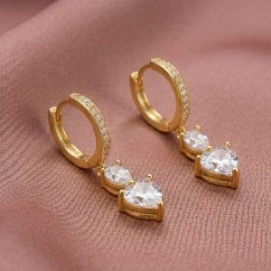 AGOR 925 Sterling Silver Heart and Teardrop Dangle Hoop Earrings in Yellow Gold Finish Jewellery
