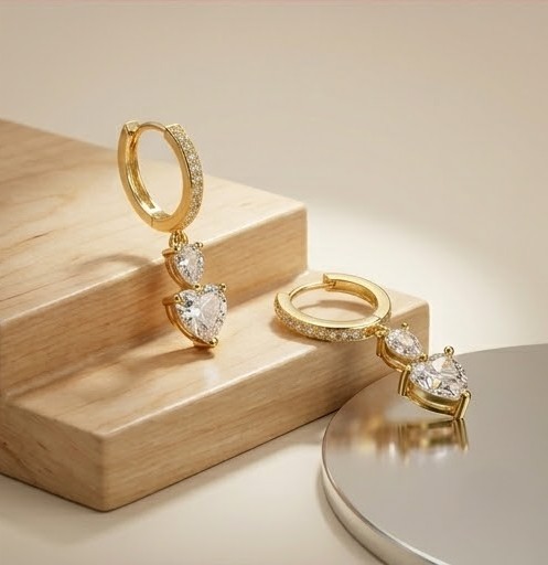 925 Sterling Silver Heart and Teardrop Dangle Hoop Earrings in Yellow Gold Finish Jewellery