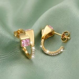 925 Sterling Silver Pink Geometric Hoop Earrings Jewellery in Gold Finish