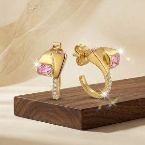 AGOR 925 Sterling Silver Pink Geometric Hoop Earrings Jewellery in Gold Finish