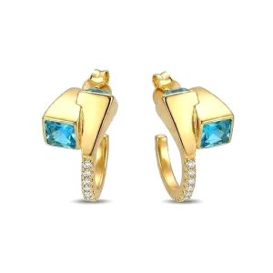 AGOR 925 Sterling Silver Blue Geometric Hoop Earrings Jewellery in Gold Finish