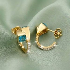 AGOR 925 Sterling Silver Blue Geometric Hoop Earrings Jewellery in Gold Finish