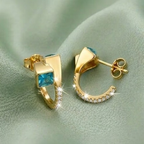 925 Sterling Silver Blue Geometric Hoop Earrings Jewellery in Gold Finish