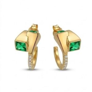AGOR 925 Sterling Silver Green Geometric Hoop Earrings Jewellery in Gold Finish