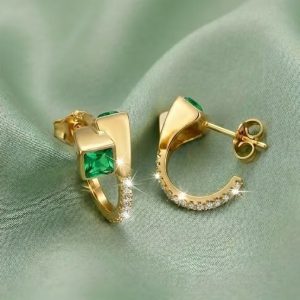 AGOR 925 Sterling Silver Green Geometric Hoop Earrings Jewellery in Gold Finish