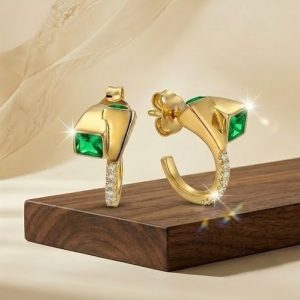 925 Sterling Silver Green Geometric Hoop Earrings Jewellery in Gold Finish
