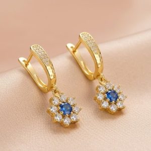 925 Sterling Silver Blue Floral Drop Earrings Jewellery in Gold Finish