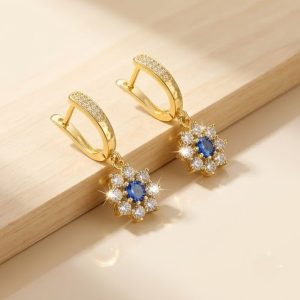 925 Sterling Silver Blue Floral Drop Earrings Jewellery in Gold Finish