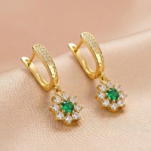 925 Sterling Silver Green Floral Drop Earrings Jewellery in Gold Finish