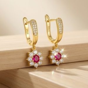 925 Sterling Silver Red Floral Drop Earrings Jewellery in Gold Finish