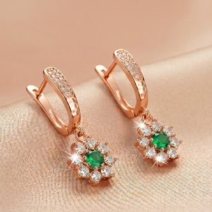 925 Sterling Silver Green Floral Drop Earrings Jewellery in Rose Gold Finish