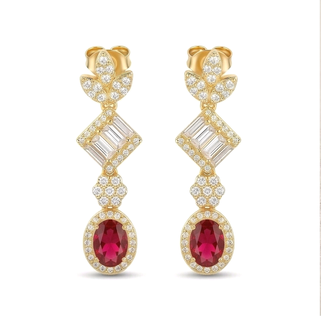 AGOR 925 Sterling Silver Red Statement Dangle Earrings Jewellery in Gold Finish
