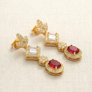 AGOR 925 Sterling Silver Red Statement Dangle Earrings Jewellery in Gold Finish