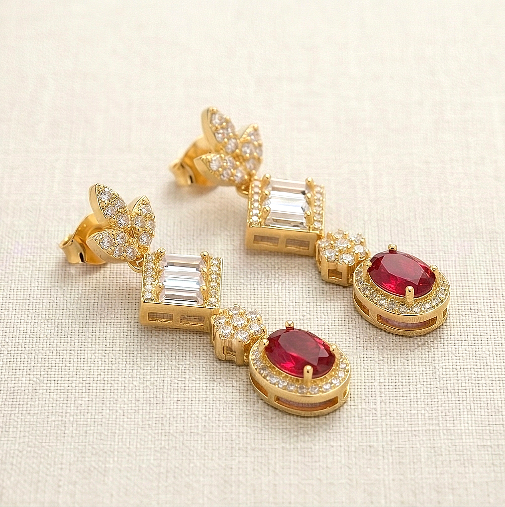 925 Sterling Silver Red Statement Dangle Earrings Jewellery in Gold Finish