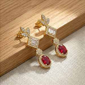 AGOR 925 Sterling Silver Red Statement Dangle Earrings Jewellery in Gold Finish