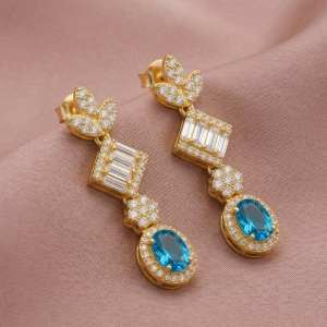 925 Sterling Silver Blue Statement Dangle Earrings Jewellery in Gold Finish