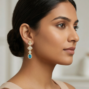AGOR 925 Sterling Silver Blue Statement Dangle Earrings Jewellery in Gold Finish