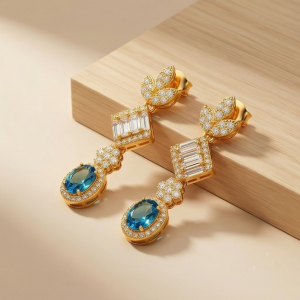 AGOR 925 Sterling Silver Blue Statement Dangle Earrings Jewellery in Gold Finish