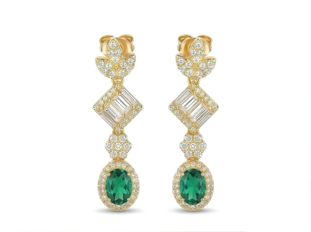 AGOR 925 Sterling Silver Yellow Gold Plated Emerald Green Drop Earrings for Women Elegant Jewellery