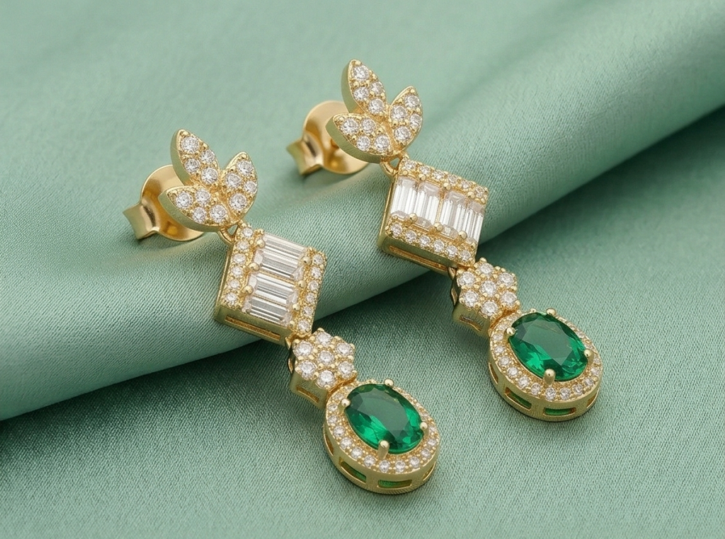 AGOR 925 Sterling Silver Yellow Gold Plated Emerald Green Drop Earrings for Women Elegant Jewellery