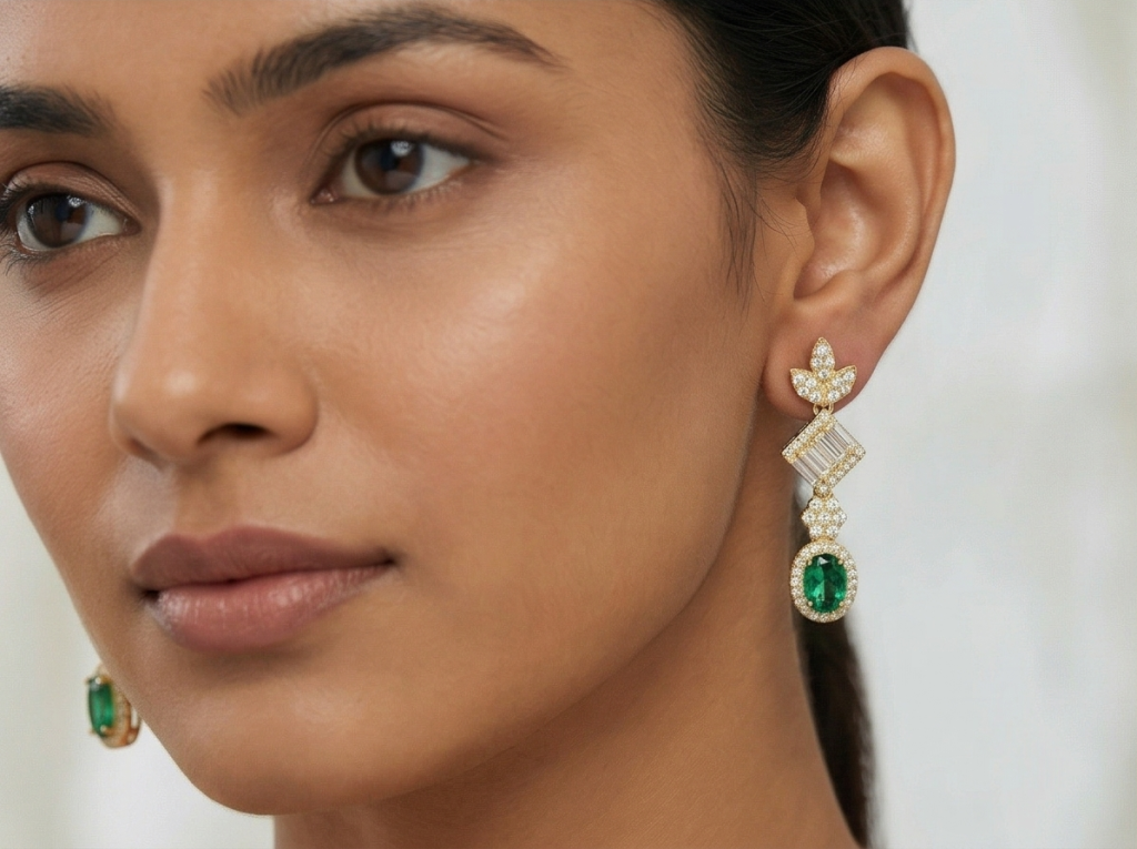AGOR 925 Sterling Silver Yellow Gold Plated Emerald Green Drop Earrings for Women Elegant Jewellery