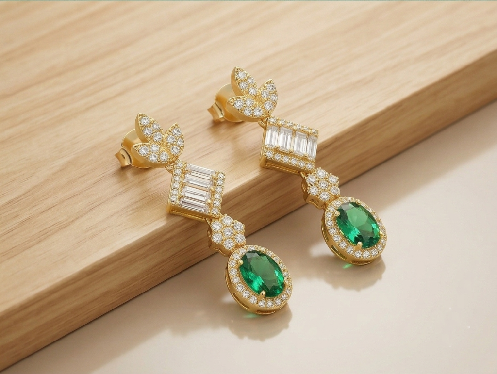 AGOR 925 Sterling Silver Yellow Gold Plated Emerald Green Drop Earrings for Women Elegant Jewellery