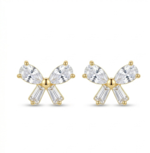 AGOR 925 Sterling Silver Yellow Gold Plated Bow Stud Earrings for Women Fashion Jewellery
