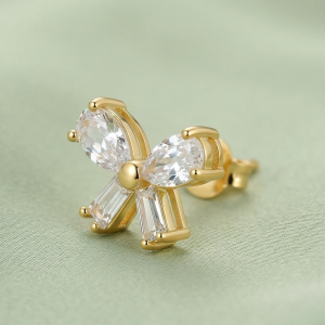 AGOR 925 Sterling Silver Yellow Gold Plated Bow Stud Earrings for Women Fashion Jewellery
