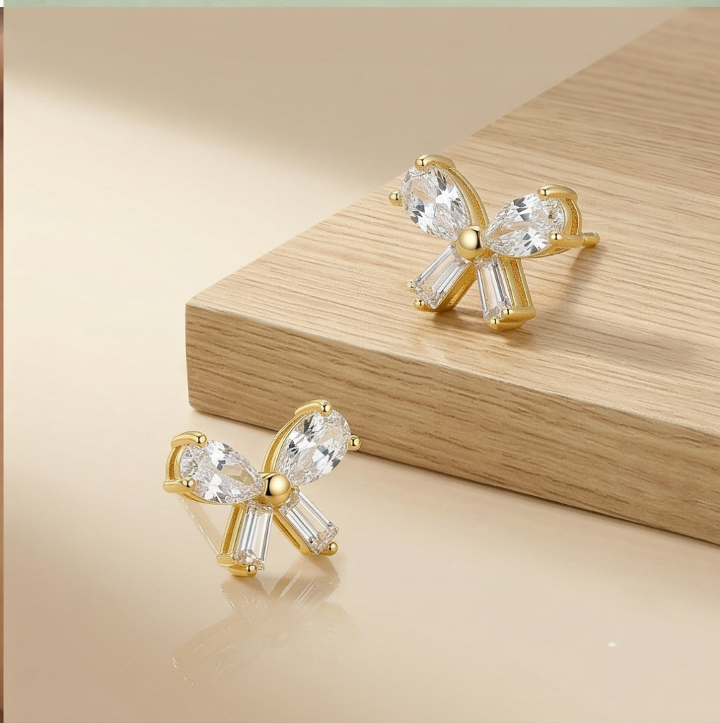 AGOR 925 Sterling Silver Yellow Gold Plated Bow Stud Earrings for Women Fashion Jewellery