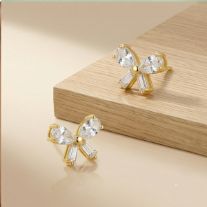AGOR 925 Sterling Silver Yellow Gold Plated Bow Stud Earrings for Women Fashion Jewellery