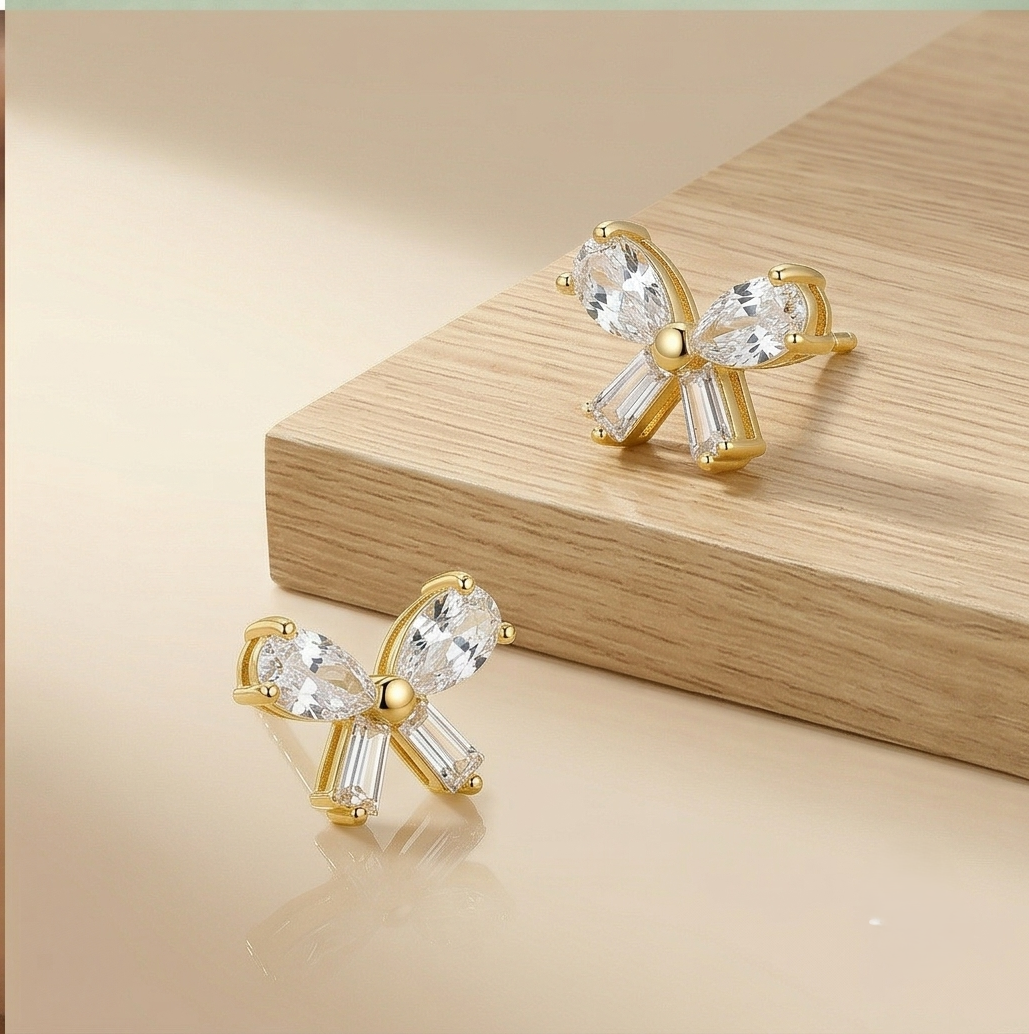 925 Sterling Silver Yellow Gold Plated Bow Stud Earrings for Women Fashion Jewellery