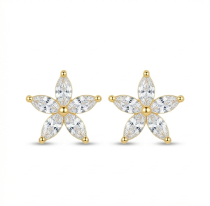 AGOR 925 Sterling Silver Yellow Gold Plated Floral Stud Earrings for Women Everyday Jewellery