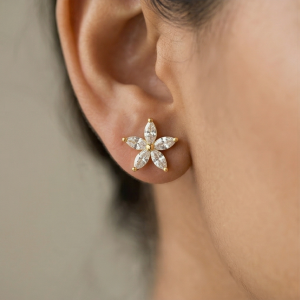AGOR 925 Sterling Silver Yellow Gold Plated Floral Stud Earrings for Women Everyday Jewellery