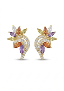 AGOR 925 Sterling Silver Yellow Gold Plated Multi-Color Floral Stud Earrings for Women Festive Jewellery