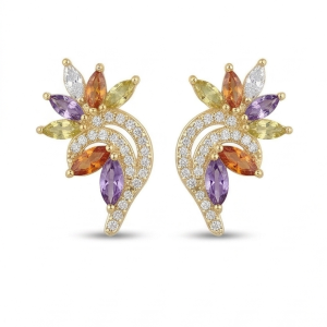 925 Sterling Silver Yellow Gold Plated Multi-Color Floral Stud Earrings for Women Festive Jewellery