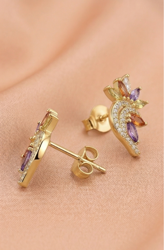AGOR 925 Sterling Silver Yellow Gold Plated Multi-Color Floral Stud Earrings for Women Festive Jewellery