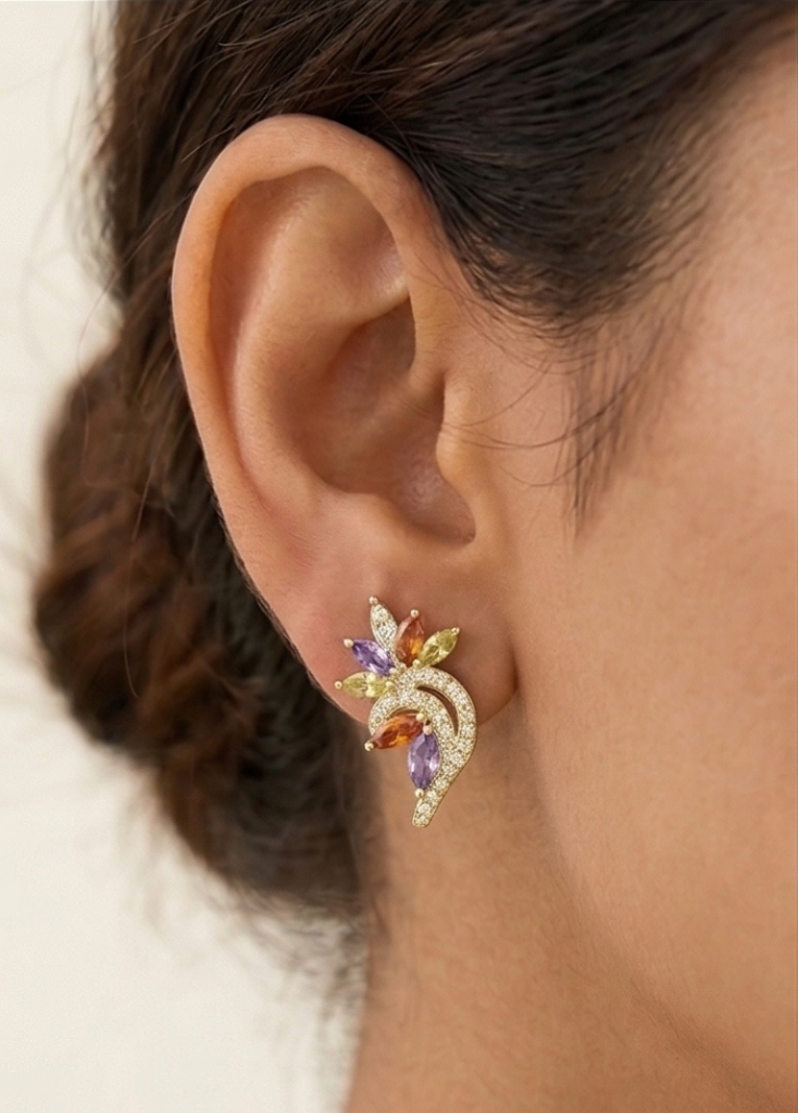 AGOR 925 Sterling Silver Yellow Gold Plated Multi-Color Floral Stud Earrings for Women Festive Jewellery