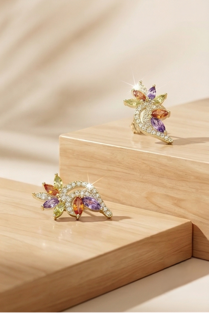 AGOR 925 Sterling Silver Yellow Gold Plated Multi-Color Floral Stud Earrings for Women Festive Jewellery