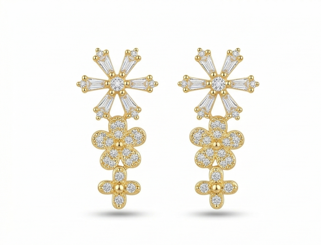 AGOR 925 Sterling Silver Yellow Gold Plated Floral Drop Dangle Earrings for Women Party Wear Jewellery