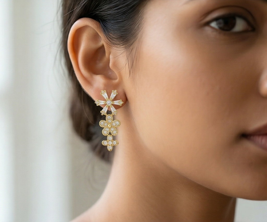AGOR 925 Sterling Silver Yellow Gold Plated Floral Drop Dangle Earrings for Women Party Wear Jewellery