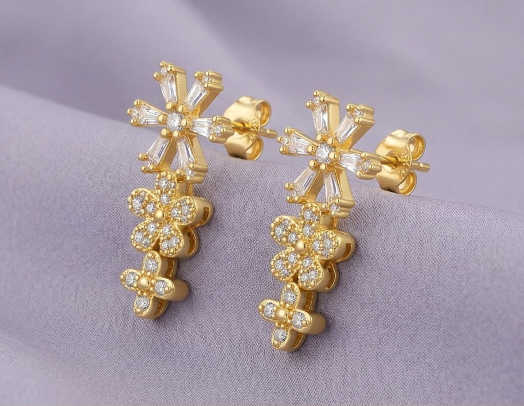 AGOR 925 Sterling Silver Yellow Gold Plated Floral Drop Dangle Earrings for Women Party Wear Jewellery