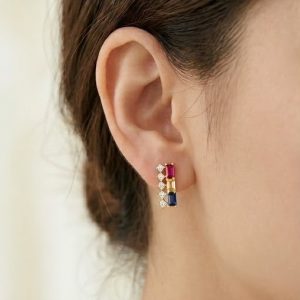 925 Sterling Silver Yellow Gold Plated Geometric Multi-Color Stud Earrings for Women Contemporary Jewellery