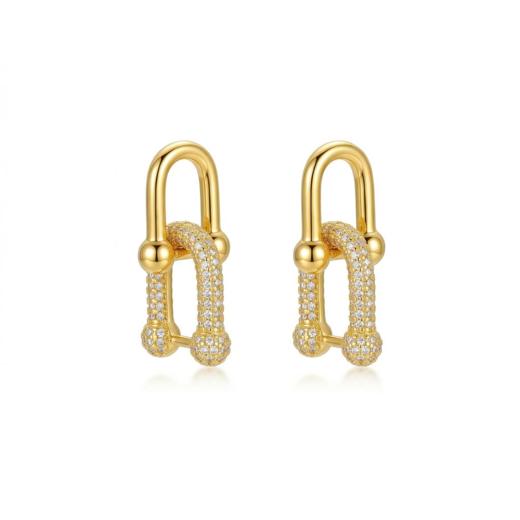 AGOR 925 Sterling Silver Yellow Gold Plated U-Link Pavé Drop Earrings for Women Modern Jewellery