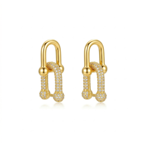 AGOR 925 Sterling Silver Yellow Gold Plated U-Link Pavé Drop Earrings for Women Modern Jewellery