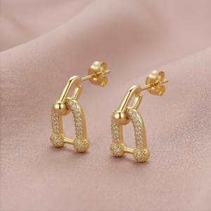 AGOR 925 Sterling Silver Yellow Gold Plated U-Link Pavé Drop Earrings for Women Modern Jewellery