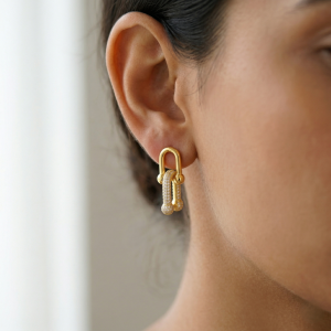 AGOR 925 Sterling Silver Yellow Gold Plated U-Link Pavé Drop Earrings for Women Modern Jewellery